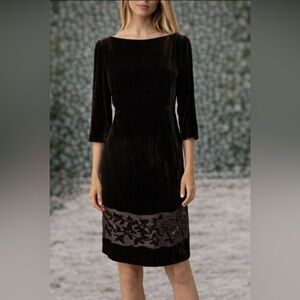 Kay Unger Dress 6 Brown 3/4 Long Sleeve Stretch Silk Velvet